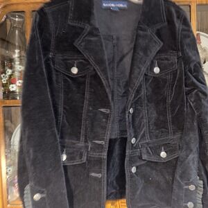 Bandolino Blu Military Jacket Womens Small Black Velvet Metal Buttons Pockets